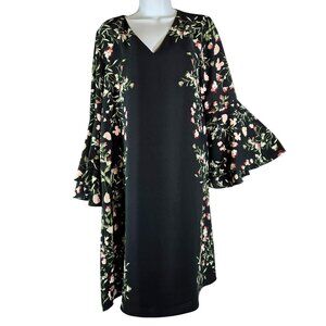 Alfani Floral Feminine Romantic Elegant Shift Dress Sz 8 Black Bell-Sleeve EUC